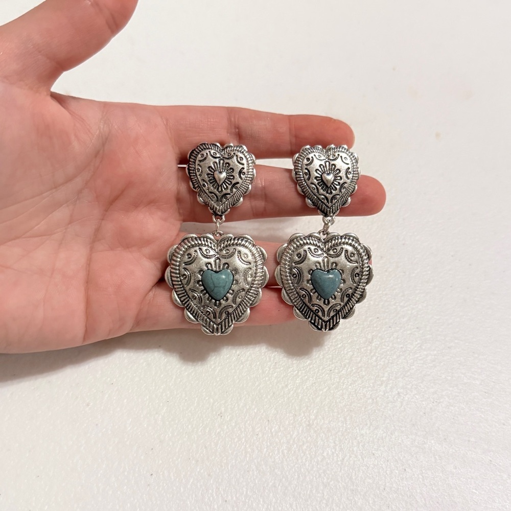 Western Silver Heart Drop Earrings with Turquoise Accents - Picture 7 of 7